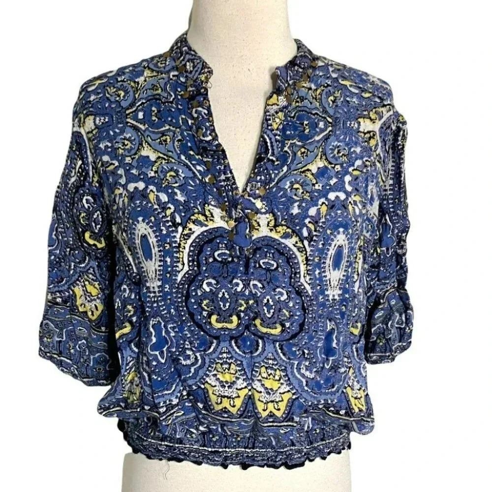 Angie XL blue white yellow boho print‎ top with gold embellishments Y2K Hippie